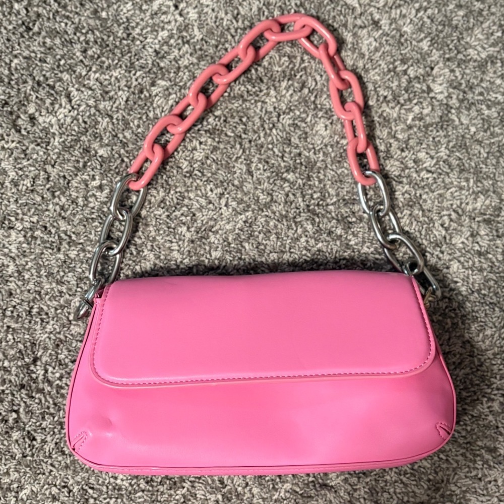 House of Want Taffy Pink Baguette Bag Chain Strap Silver * See photos